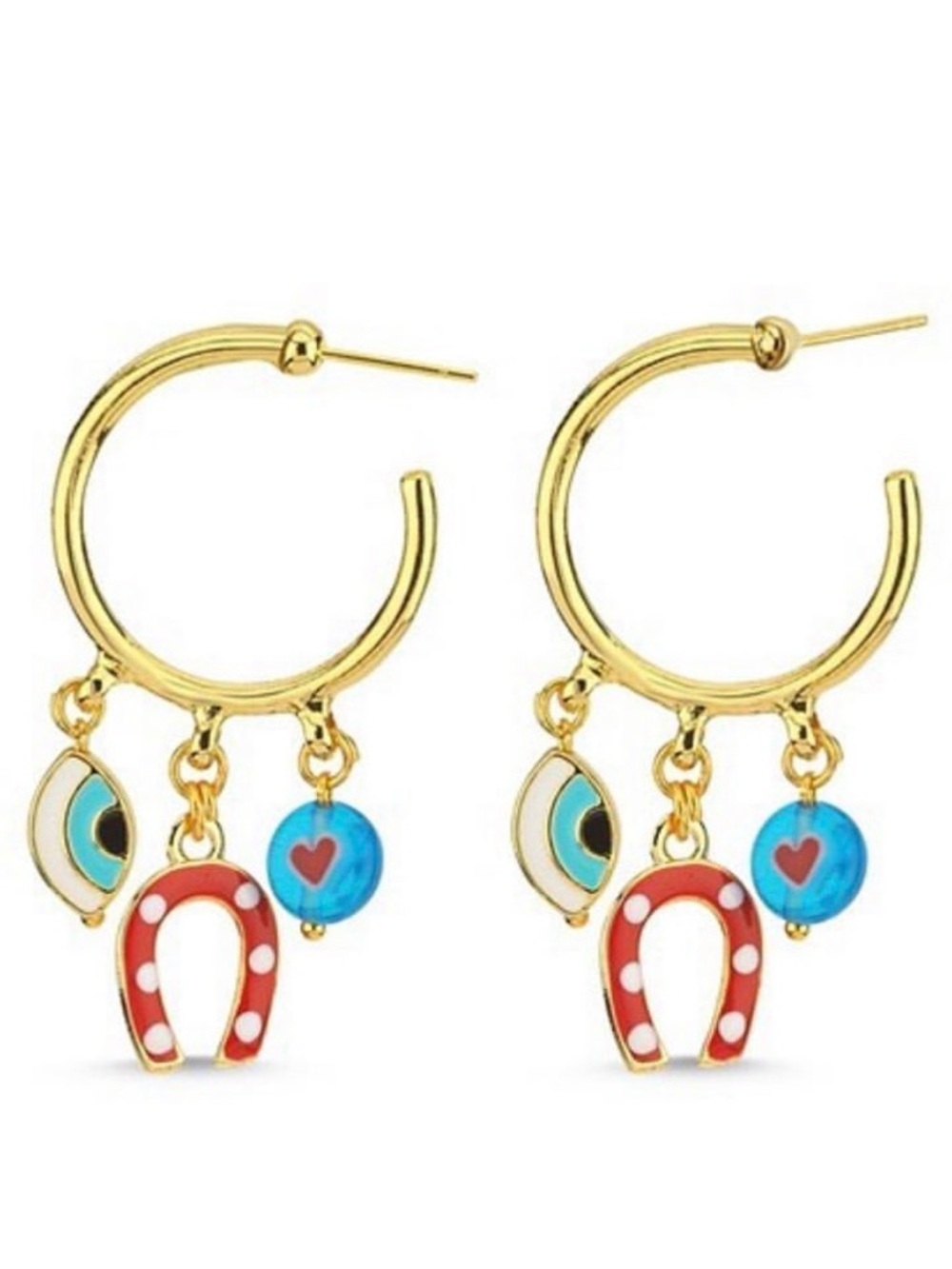Gold Hoop Earrings with White & Blue Horseshoe and Pink Eye Charms